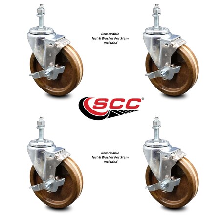 Service Caster 5 Inch High Temp Phenolic Swivel 3/8 Inch Threaded Stem Caster Set with Brake SCC-TS20S514-PHRHT-TLB-381615-4